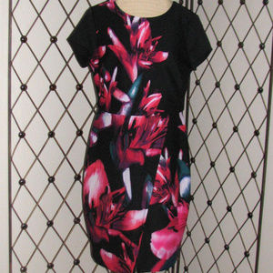 WORTHINGTON black pink floral faux wrap sheath 12